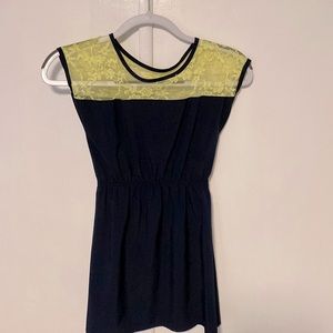 Sally Miller Couture Dress. navy blue with neon yellow lace